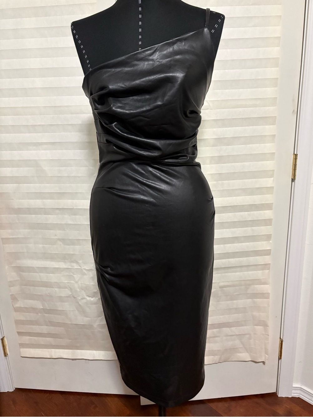 Avec Les Filles One-Shoulder Black Faux-Leather Midi Dress